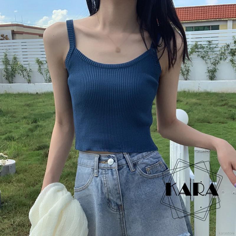 Áo Croptop Dệt Kim Không Tay Màu Trơn Cổ Vuông Quyến Rũ Cho Nữ