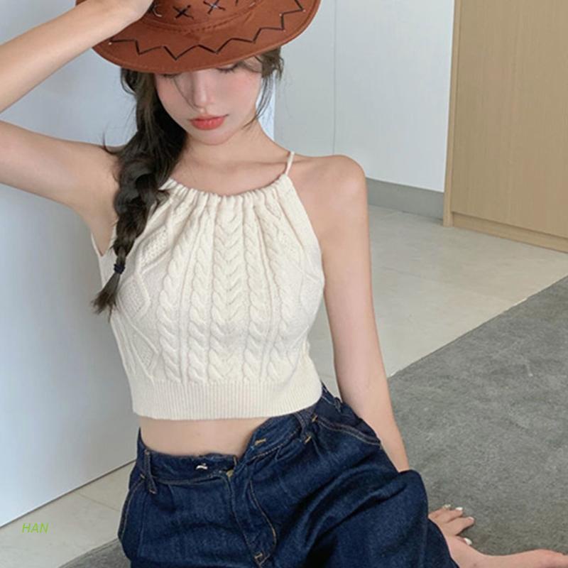 Áo Croptop Dệt Kim Không Tay Thiết Kế Dây Cột Hở Lưng Thời Trang Đi Biển Quyến Rũ Cho Nữ