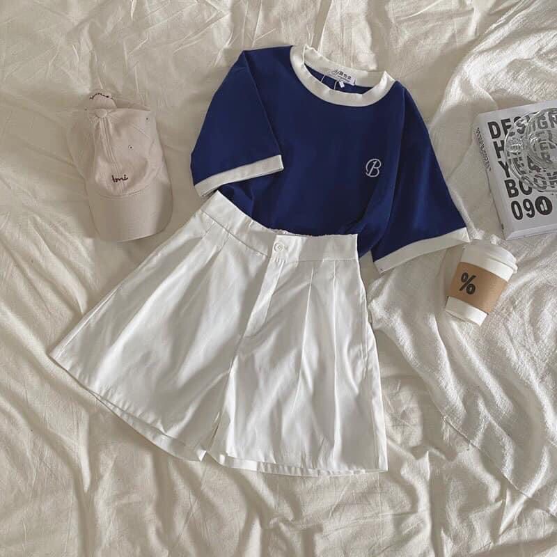 Set Đồ Nữ, Sét Áo Thun Phối Mix Quần Đùi Kaki Form Thụng Siêu Hot