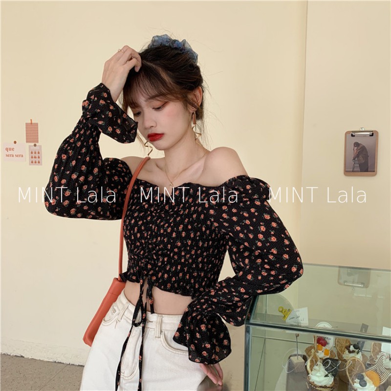 Áo Croptop Dài Tay Hoa Nhí Dây Rút Mặc 2 Kiểu