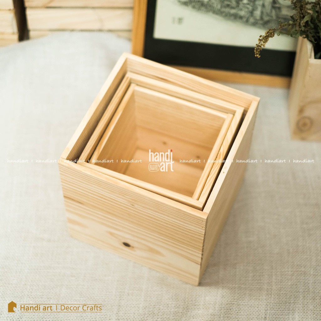 Chậu gỗ vuông- hộp gỗ vuông decor - gỗ thông tự nhiên