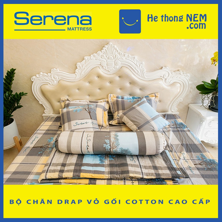 Bộ ga giường Cotton SERENA ga chun cao cấp bộ chăn ga vỏ gối 7 món chần bông - Hệ Thống Nệm