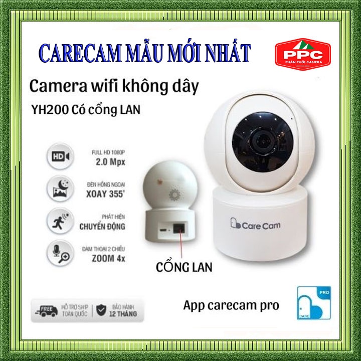 [LOẠI 1] Camera wifi Carecam 2.0MP Full HD 1080p mới 2022 Mã YH200 Có hú còi báo động