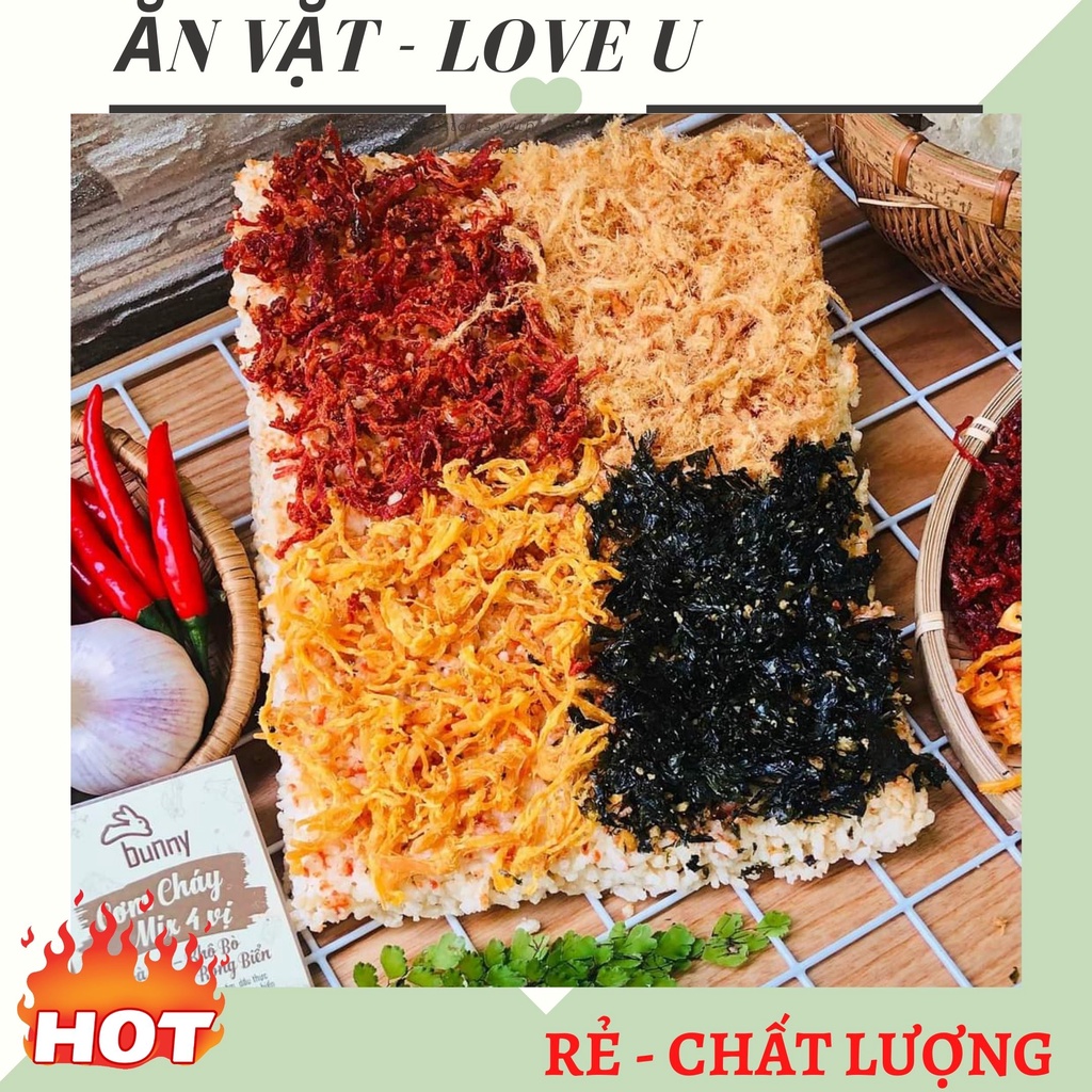 Cơm cháy BUNNY mix 4 vị Gà bơ, Khô bò, Chà bông, Rong biển 250gr đồ ăn vặt giòn rụm cực ngon