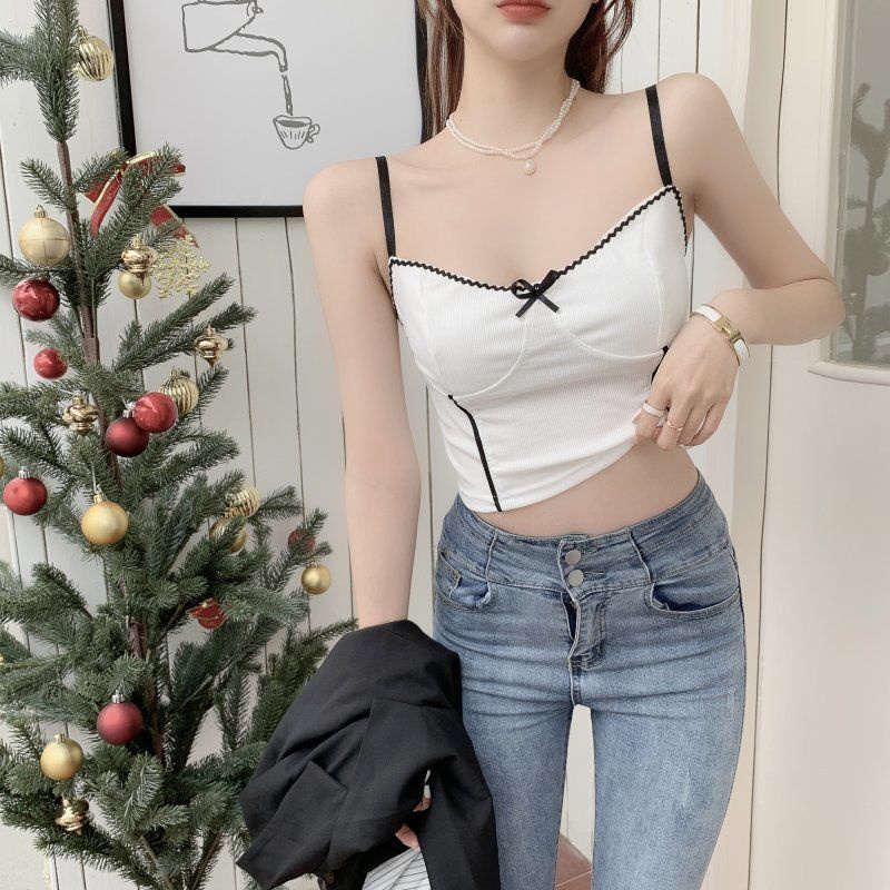 Áo dệt kim hai dây dáng ôm màu sắc gợn sóng thời trang cho nữ