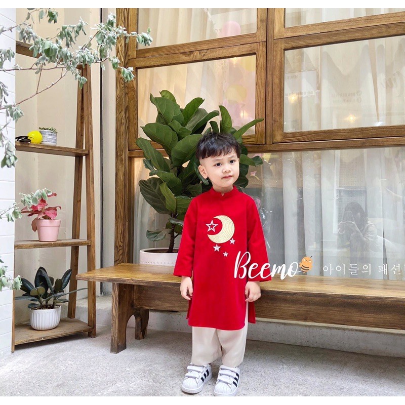 Set áo dài đôi nhung BEEMO thêu trăng cho bé từ 10 đến 23kg