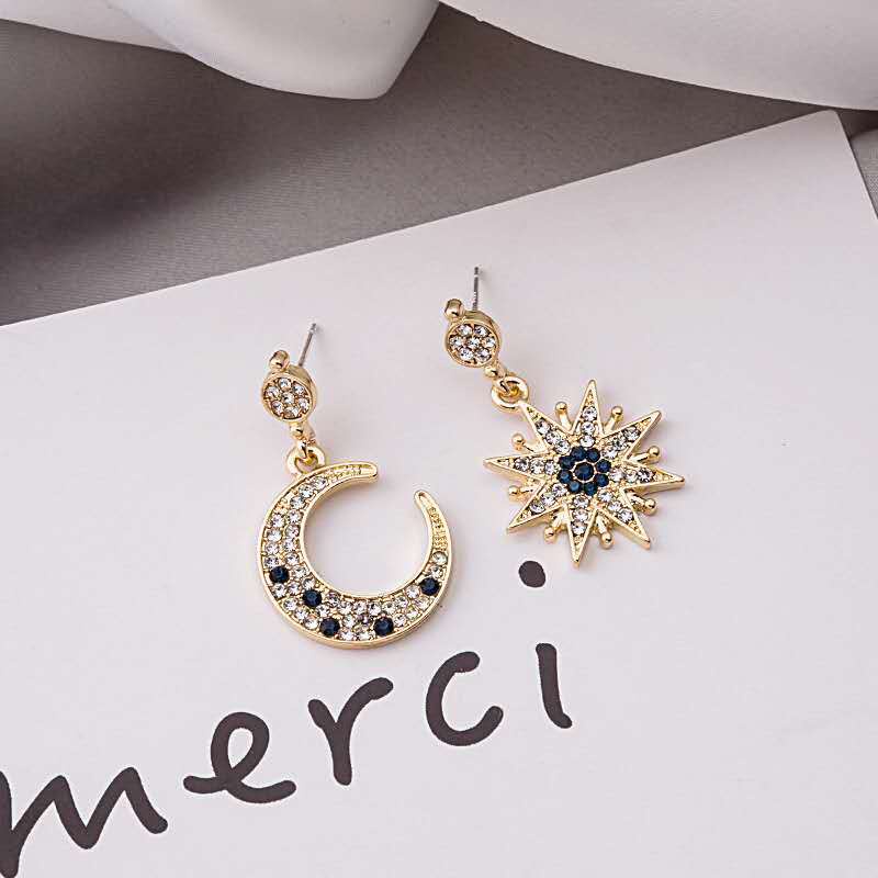 Bông Tai Mạ Bạc 925 Hình Mặt Trăng Mặt Trời Đính Kim Cương Giả Toàn Diện Phong Cách Retro Hàn Quốc Cho Nữ