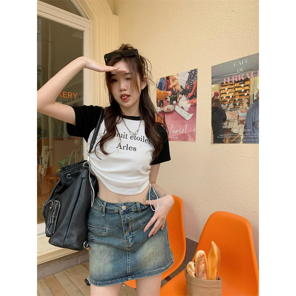 Áo Thun Ngắn Dây Rút Phối Màu Sắc Tương Phản Thời Trang Cho Nữ