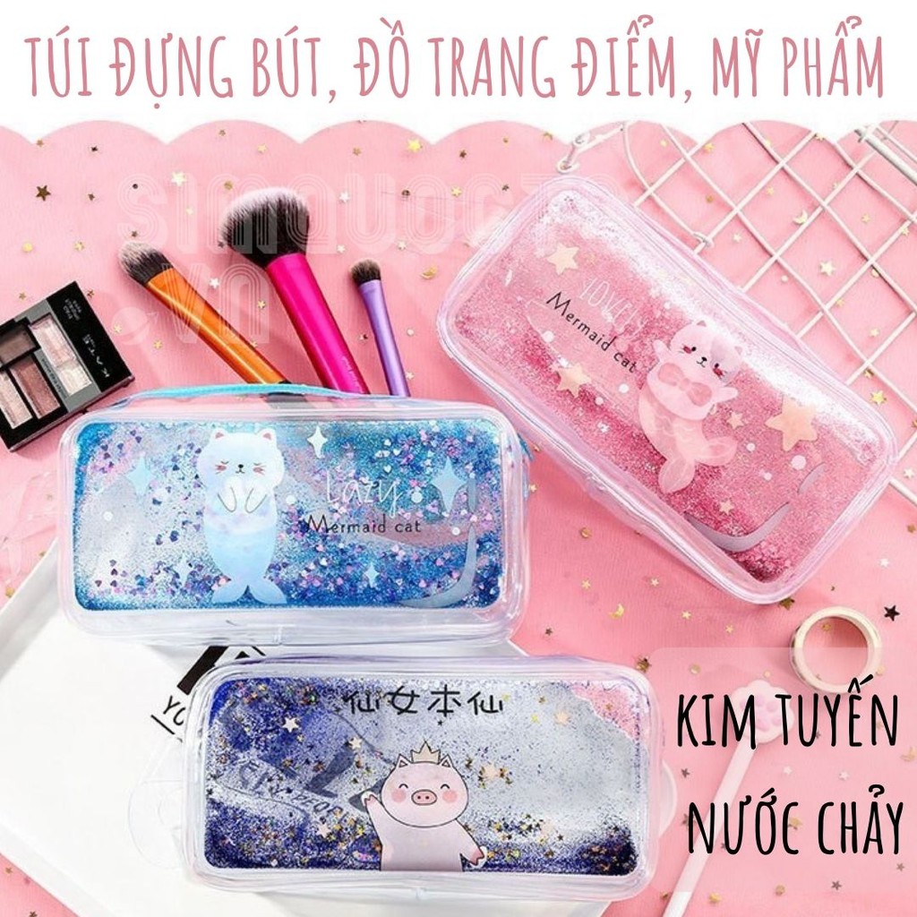 Túi đựng bút dụng cụ học tập đồ trang điểm mỹ phẩm trong suốt kim tuyến nước chảy TN06