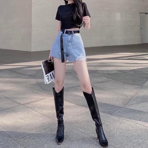Quần short jeans nữ 4Basik, quần sọt đùi rách cạp cao tôn dáng - SJ09