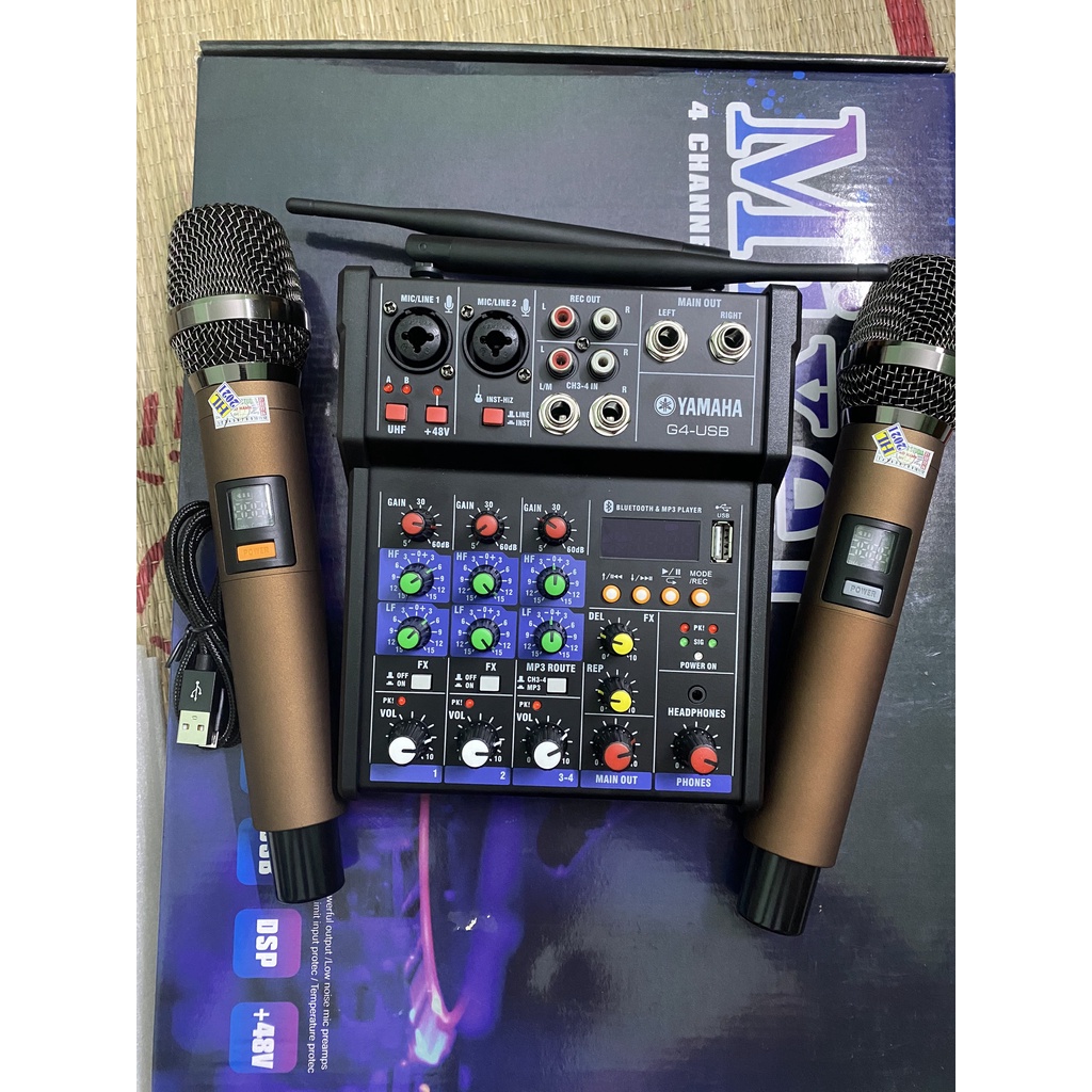 Bộ Mixer Yamaha G4 USB - Bộ trộn âm thanh Mixer Chuyên Karaoke, Livestream, Thu Âm Cao Cấp - Tặng Kèm 2 Micro Không Dây