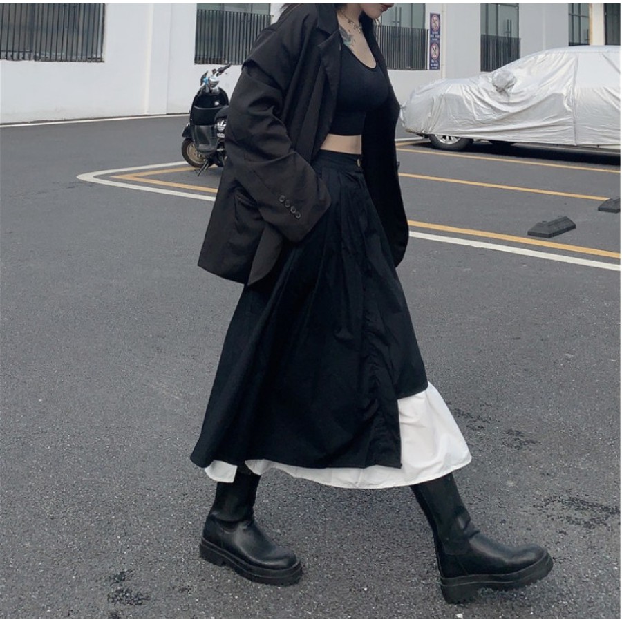 Chân Váy Dài Phối Lệch 2 Màu Đen Trắng, Dáng Ulzzang dài chất liệu đẹp CV009 | BigBuy360 - bigbuy360.vn