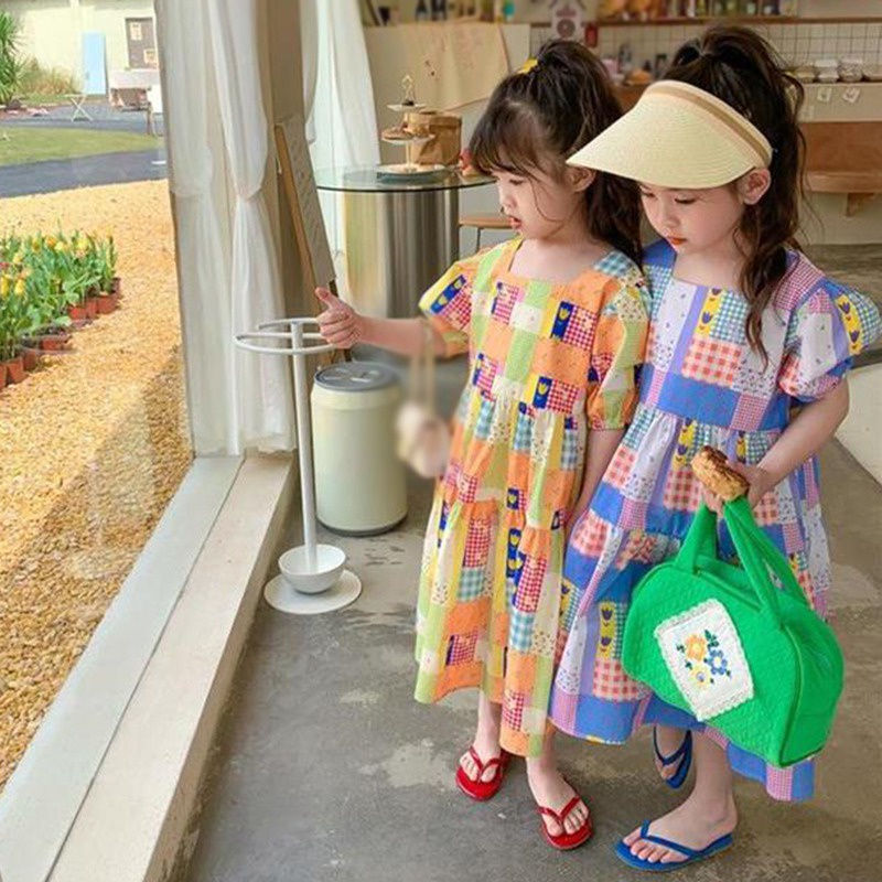 Đầm Tay Phồng Cổ Vuông Họa Tiết Sọc Caro Dễ Thương Phong Cách Hàn Quốc Thời Trang Mùa Hè Cho Bé Gái