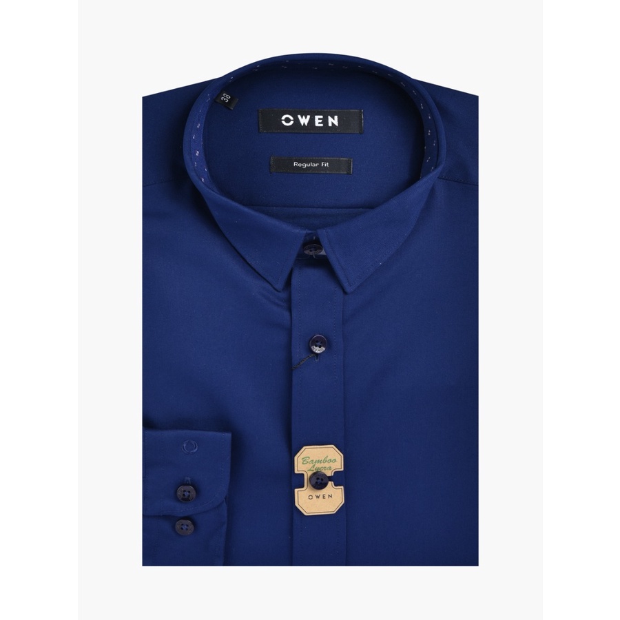 Áo sơ mi nam dài tay OWEN AR80777D somi công sở vải sợi tre cấp màu xanh navy trơn dáng suông tà lượn không túi