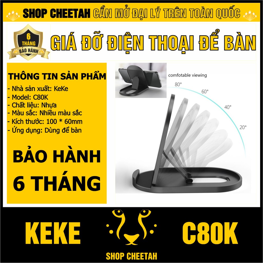 Giá đỡ điện thoại KEKE – Để bàn làm việc – Khóa nấc từ 10 đến 80 độ - Kiểu dáng kẹp nhựa phong cách trẻ trung