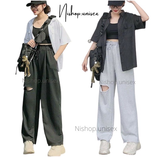 Quần thun rách gối form rộng