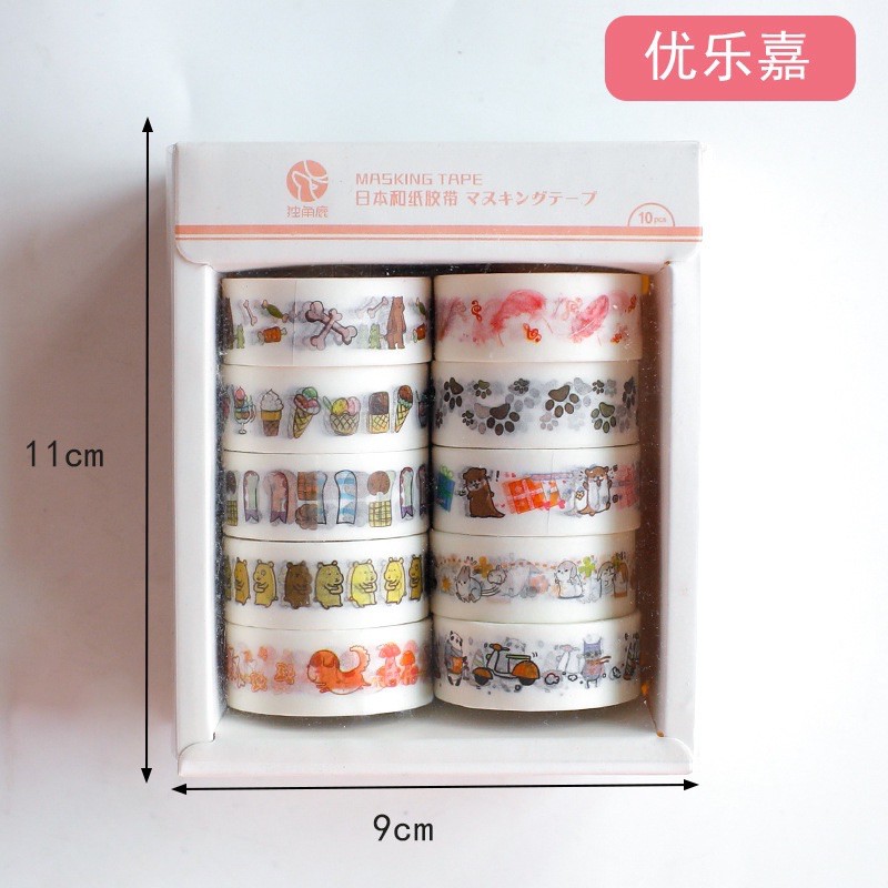 Hộp 10 Cuộn Washi Tape in Hình Hoạ Tiết Dễ Thương - Set 10 Cuộn Băng Dính Washi