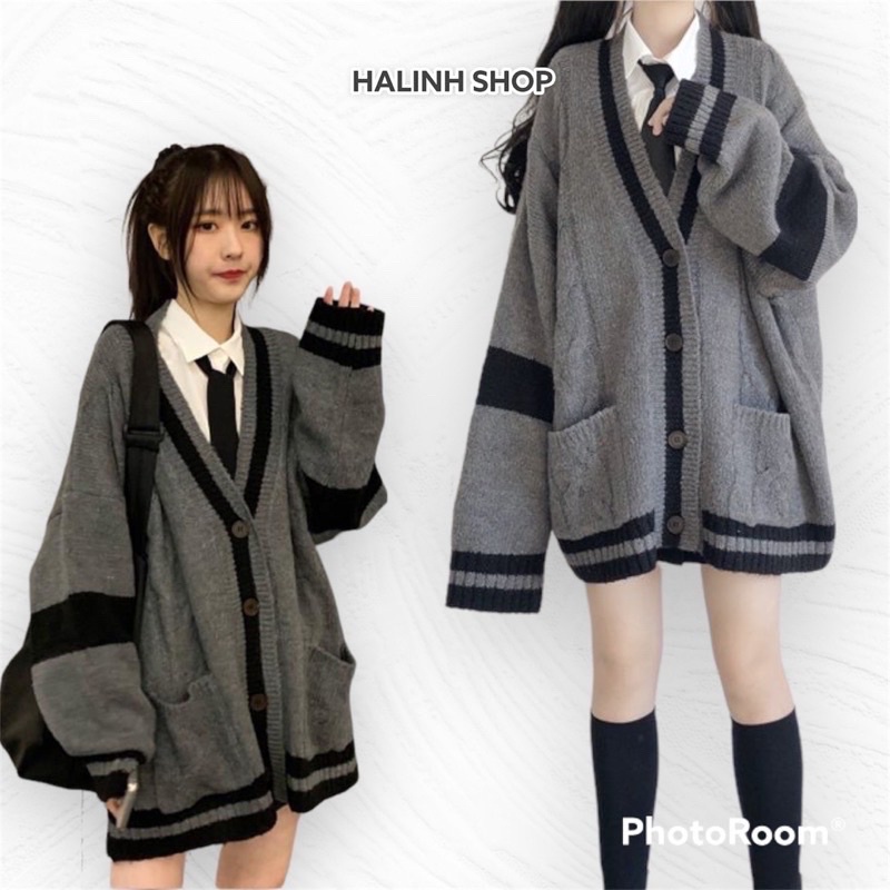 Áo Khoác Len Nữ 2 Túi Hàn Quốc - Halinh Shop - Áo Cardigan Len Xám Sọc Đen Cổ V Dáng Rộng Mặc Hè Thu size M L