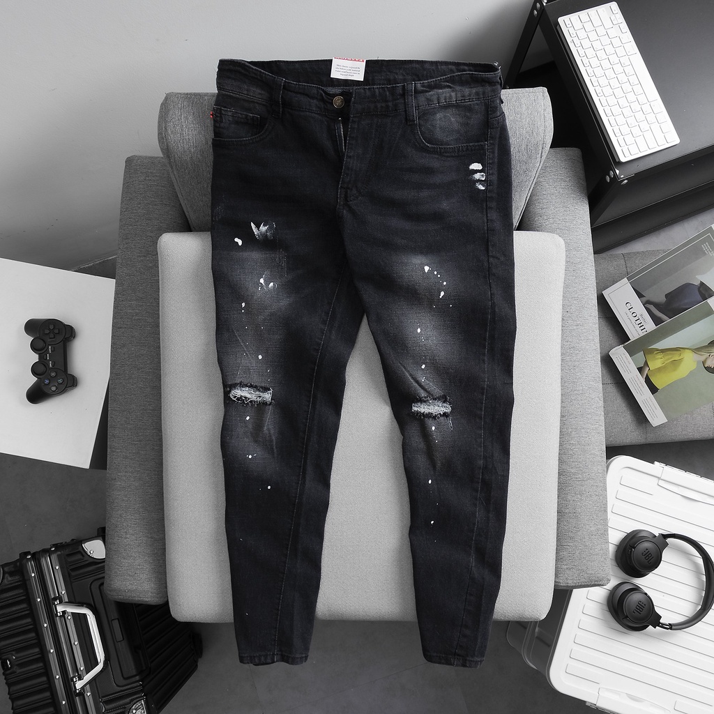 Quần Jean Nam Xám Rách Gối Vẩy Sơn Cực Cá Tính Trẻ Trung Năng Động Vải Jean Co Giãn