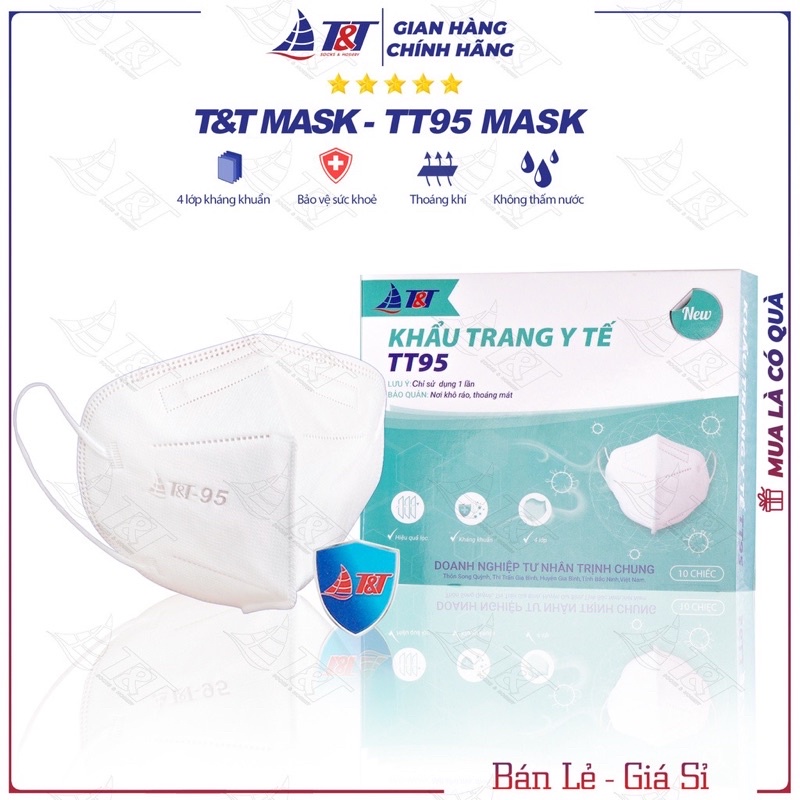 Khẩu trang y tế TT95 [ Hộp 10 chiếc ] Không Van - chính hãng T&amp;T MASK