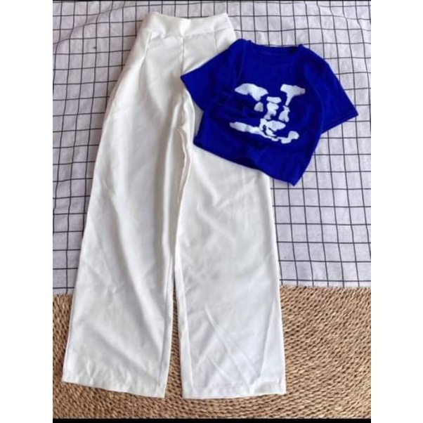 Set áo croptop xanh biển + quần ống rộng