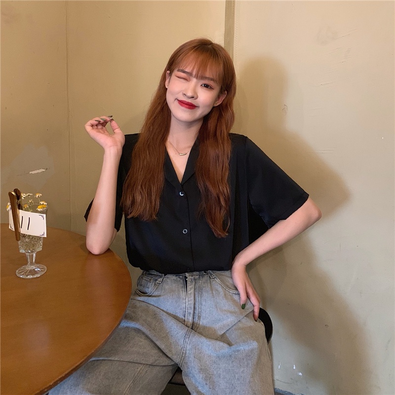 Áo sơ mi nữ tay ngắn màu đen - taobao có sẵn