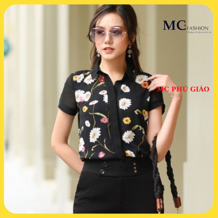 Áo Sơ Mi Nữ Đẹp Dài Tay Kẻ Sọc Caro Công Sở Mc Fashion Chất Liệu Voan Màu Đen Họa Tiết Hoa Tinh Tế A243