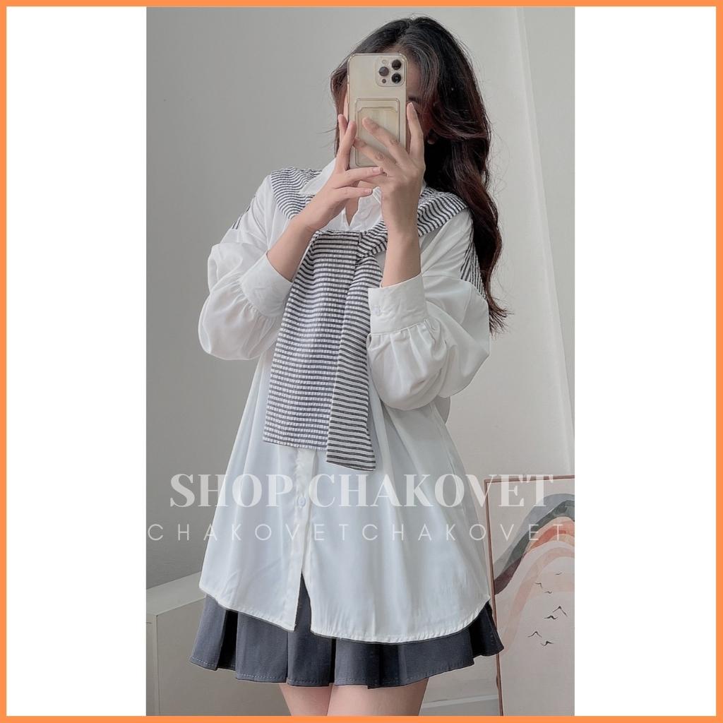 Áo sơ mi nữ dài tay kèm khăn A8422 Áo sơ mi trơn Style Hàn Quốc kèm khăn kẻ sọc Vintage cực sang chảnh - CHAKOVET