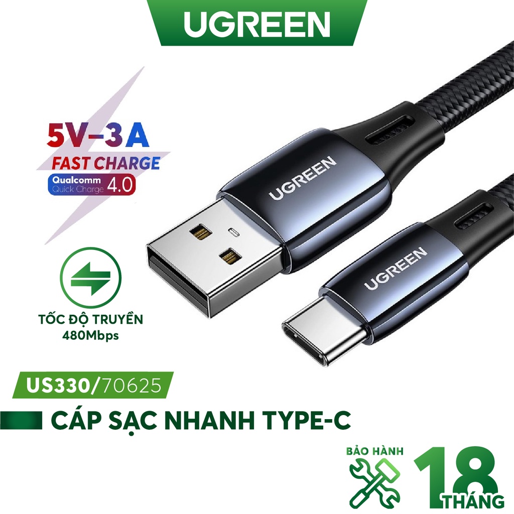 Cáp sạc nhanh USB 2.0 sang USB type C UGREEN US330 hỗ trợ dòng sạc 3A dạng dẹt dài 1m