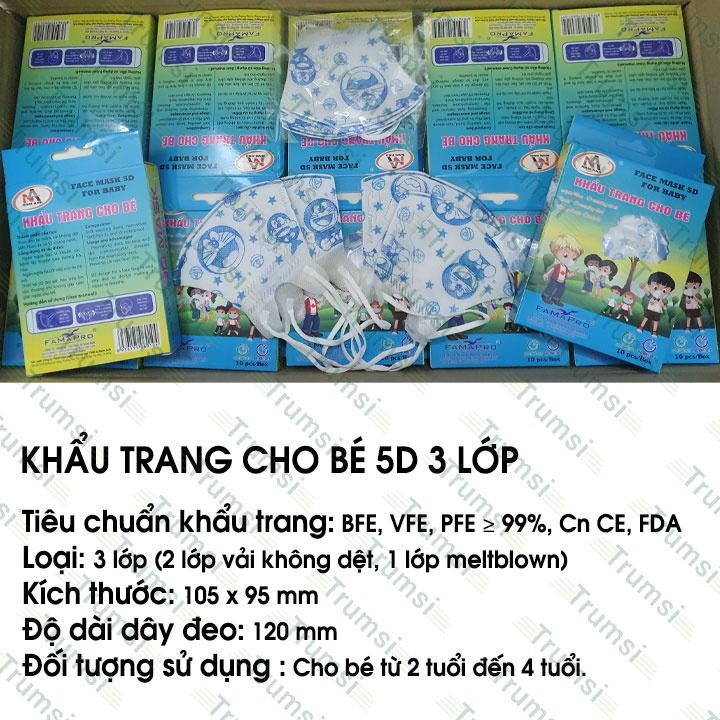 Khẩu trang y tế 5D 3 lớp Nam Anh Famapro kháng khuẩn chống bụi cao cấp an toàn không kích ứng da cho em bé quai thun