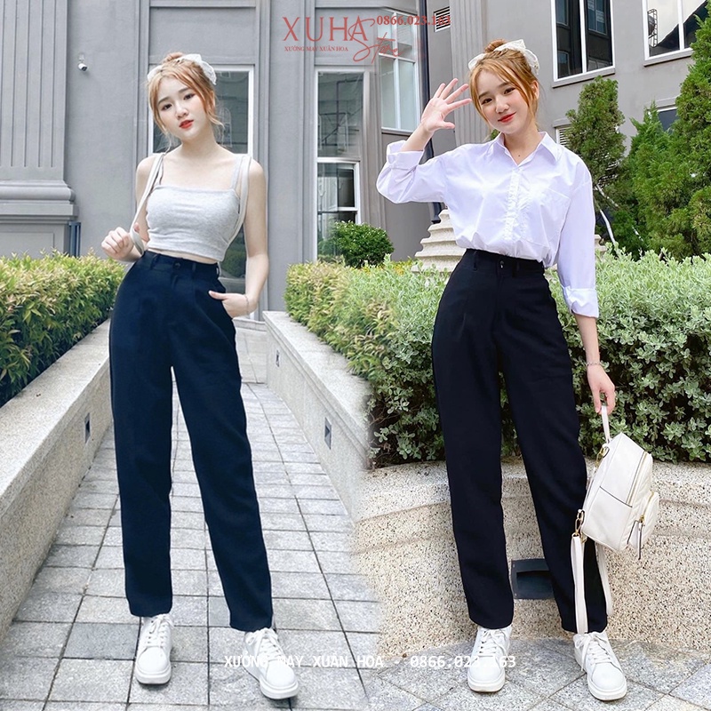 Quần tây nữ đi học lưng cao dài ống đứng suông màu Đen Xanh Than kiểu quần vải nữ công sở đi làm phố cạp cao dày co giãn