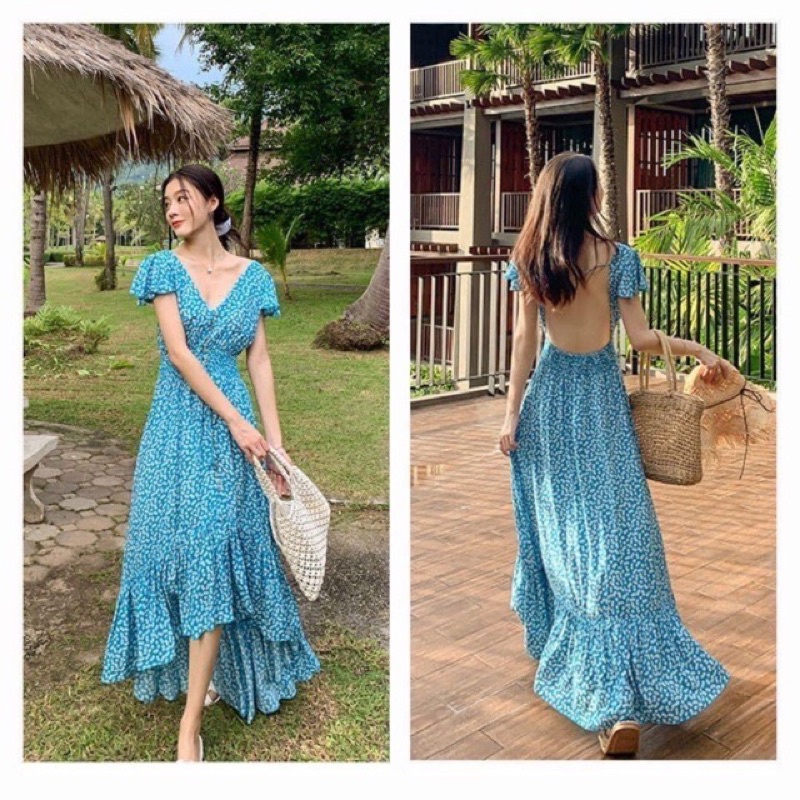 Đầm maxi hoa nhí xanh hở lưng cực vintage nàng thơ lên hình chất chill