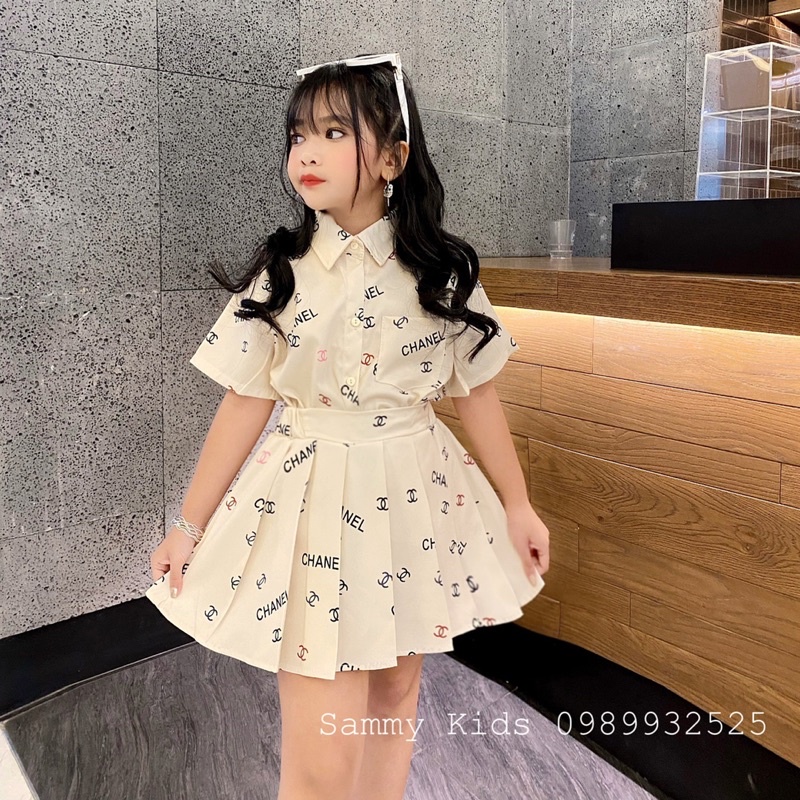 Set áo Sơmi CN quần váy xếp ly Kaki cho bé gái size đại 16-41kg cao cấp