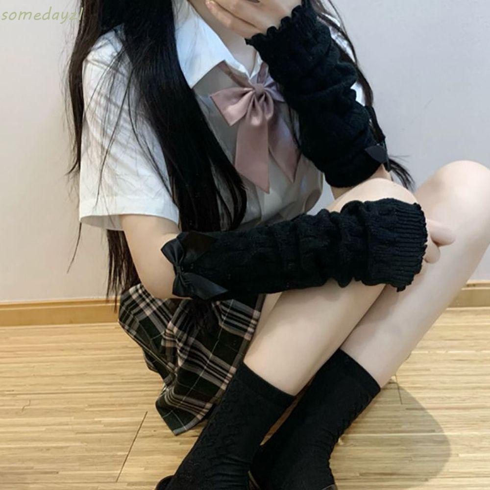 Vớ ống chân dệt kim phối ren nơ giữ ấm mùa thu phong cách lolita ngọt ngào cho nữ