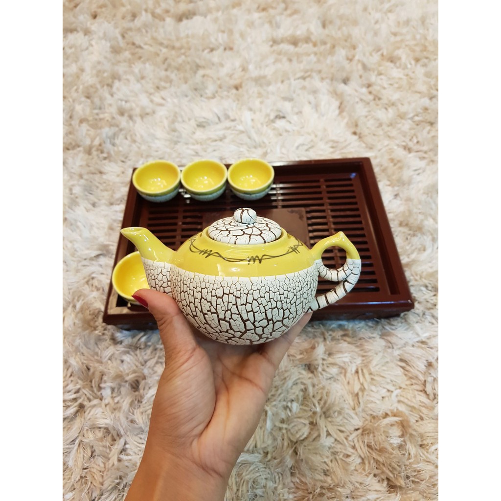 COMBO Bộ ấm chén @ men rạn + KHAY NHỰA