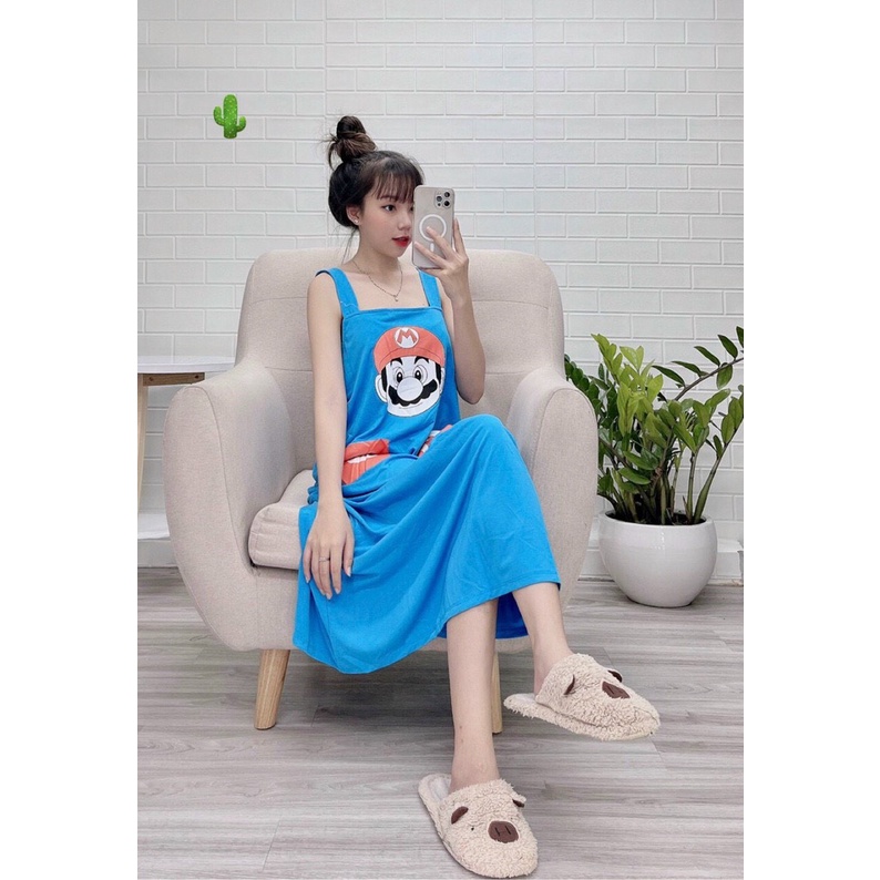Dưới 60kg- Đầm ngủ dài form suông Mario xanh dương pc