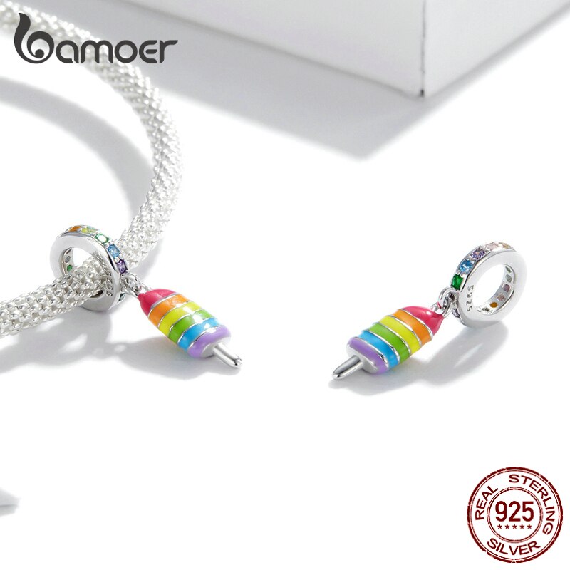 Hạt charm Bamoer BSC351 mạ bạc thiết kế hình cây kem màu sắc cầu vồng trang trí vòng tay thời trang cho nữ