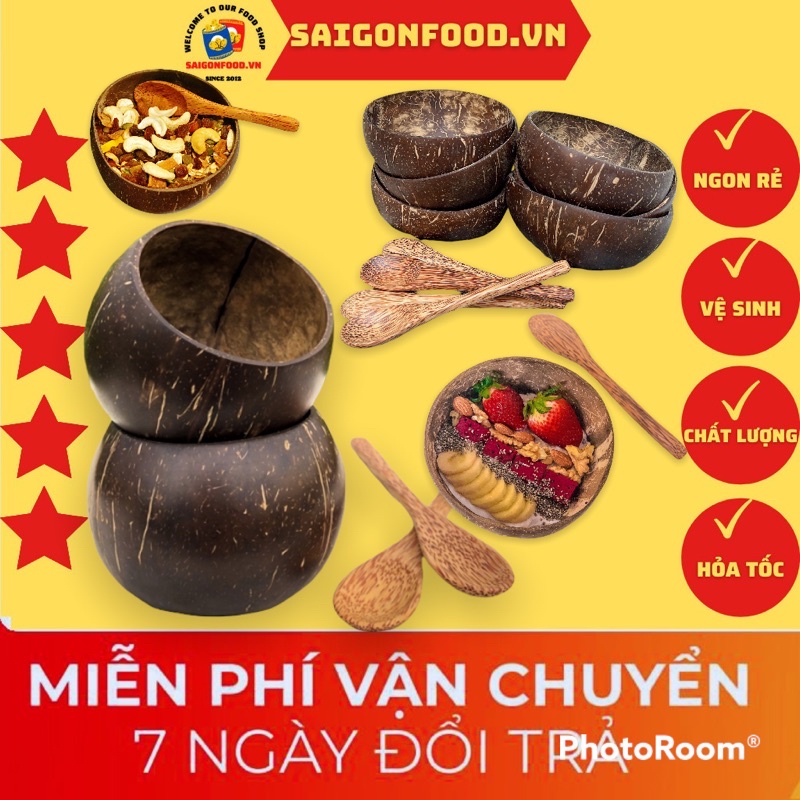 [Sẵn Hàng Xuất Khẩu] Bát Gáo Dừa &amp; Thìa Gỗ Tự Nhiên - Bát (Tô) Gáo Mài Nhẵn Bóng 3 Size Tự Chọn Loại 1 Dày Dặn Siêu Đẹp