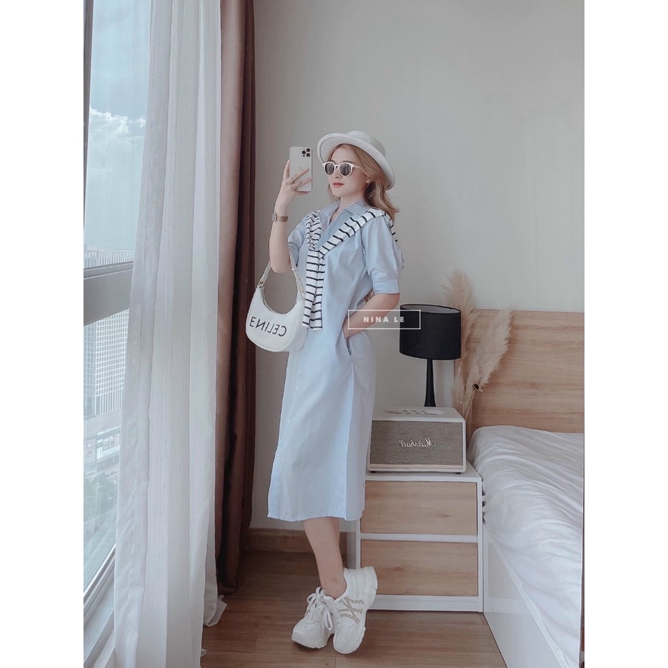 Đầm sơ mi nữ dáng suông dài có túi, đầm nữ phối cổ sọc caro, đầm tiểu thư Hàn Quốc đơn giản mặc đi chơi