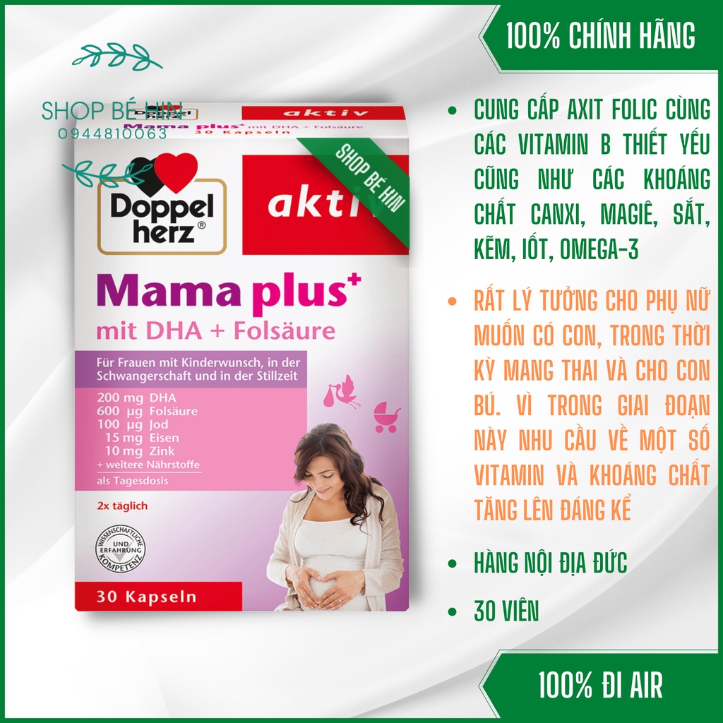 (BILL ĐỨC) VITAMIN BẦU DOPPELHERZ MAMA PLUS DHA 30 VIÊN, HÀNG CHÍNH HÃNG