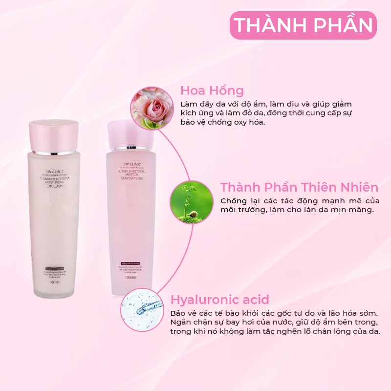 Bộ Skincare dưỡng ẩm trắng da 3W CLINIC Hàn Quốc chiết xuất từ Hoa Hồng ngăn ngừa lão hóa [Nước Hoa Hồng+ Sữa Dưỡng Da]