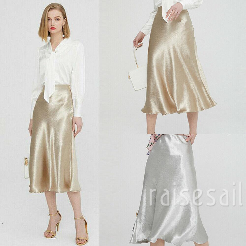 Rs-Women´s High Waist Skirt Glossy Satin Trumpet Skirt Party Skirts Fashion Metallic Shiny Skirt