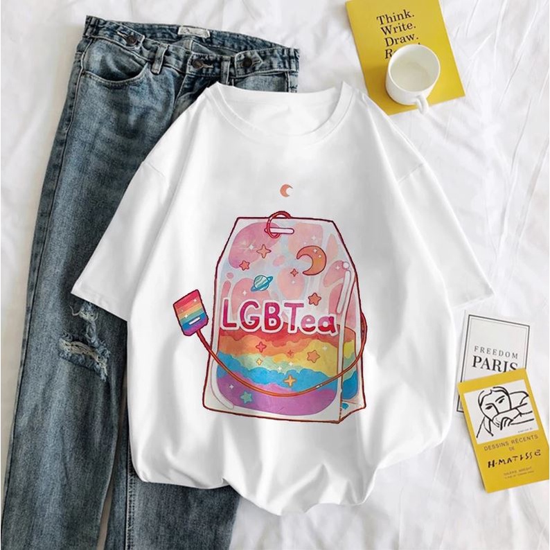 Áo thun unisex form rộng tay lỡ hình Dễ Thương Cho Mùa Hè