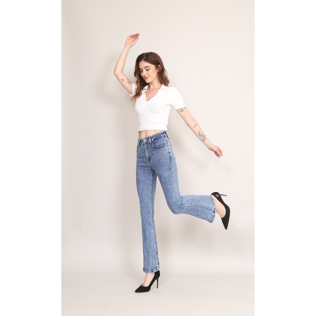 Quần Jean Nữ Ống Loe xanh đá Lưng Cao Co Giãn Trơn  Gấu Thường  CT Jeans