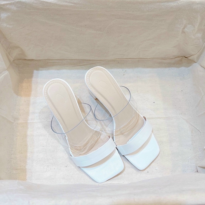 Dép cao gót nữ gót vuông 6p 2 quai (1 trong,1 da) mẫu mới