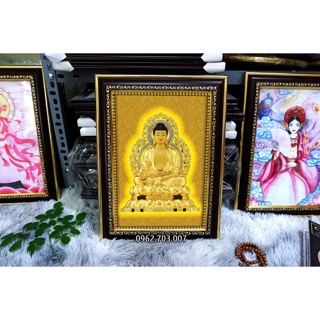 Tranh Thờ Phật Giáo size nhỏ 27x36cm bằng vải phủ bóng, khung composite xịn xò