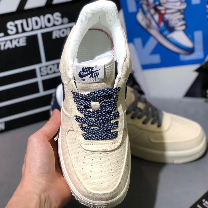 Giày Nike_air force 1, AF1 beige deep blue bản vải màu be, AF1 vàng cát vệt xanh cao cấp, tặng box bảo vệ