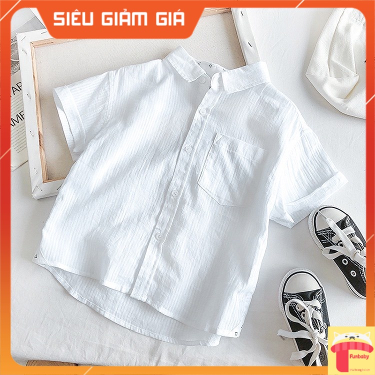 Áo sơ mi cho bé 2-8 tuổi cộc tay cổ đức Tommy, Sơ mi trắng bé trai vải đũi nhẹ mát