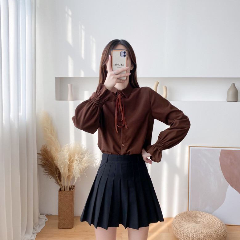 Áo Sơ Mi Tay Dài Cổ Thắt Nơ Xinh Xắn Phong Cách Hàn Quốc Cho Bạn Gái