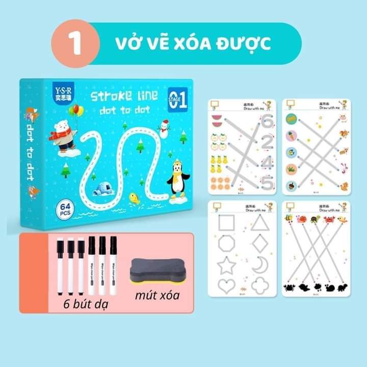 Học liệu montessori tập tô/vẽ/xóa thông minh 64 trang cho bé từ 2 tuổi